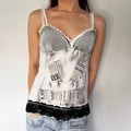 newspaper print lace trim cami