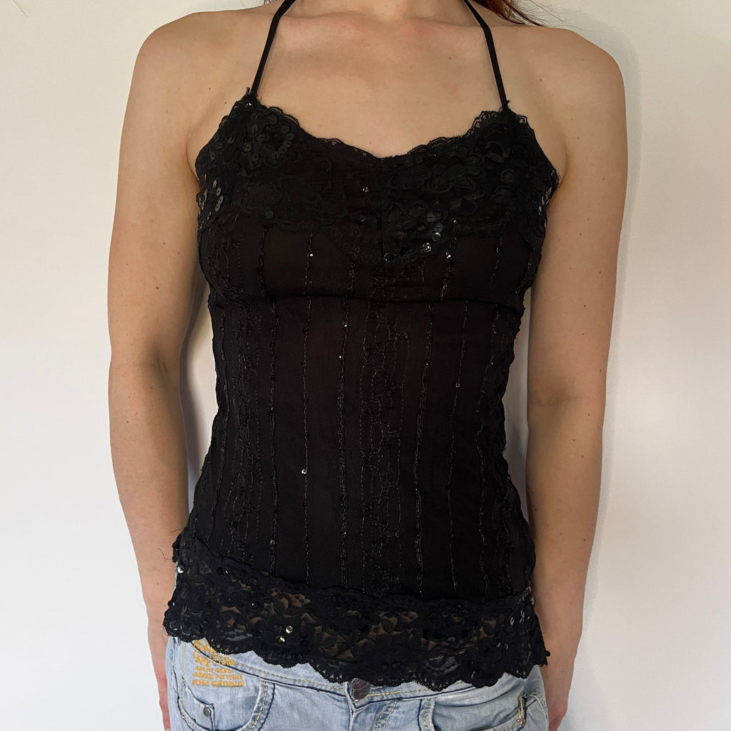 black sequinned halter top