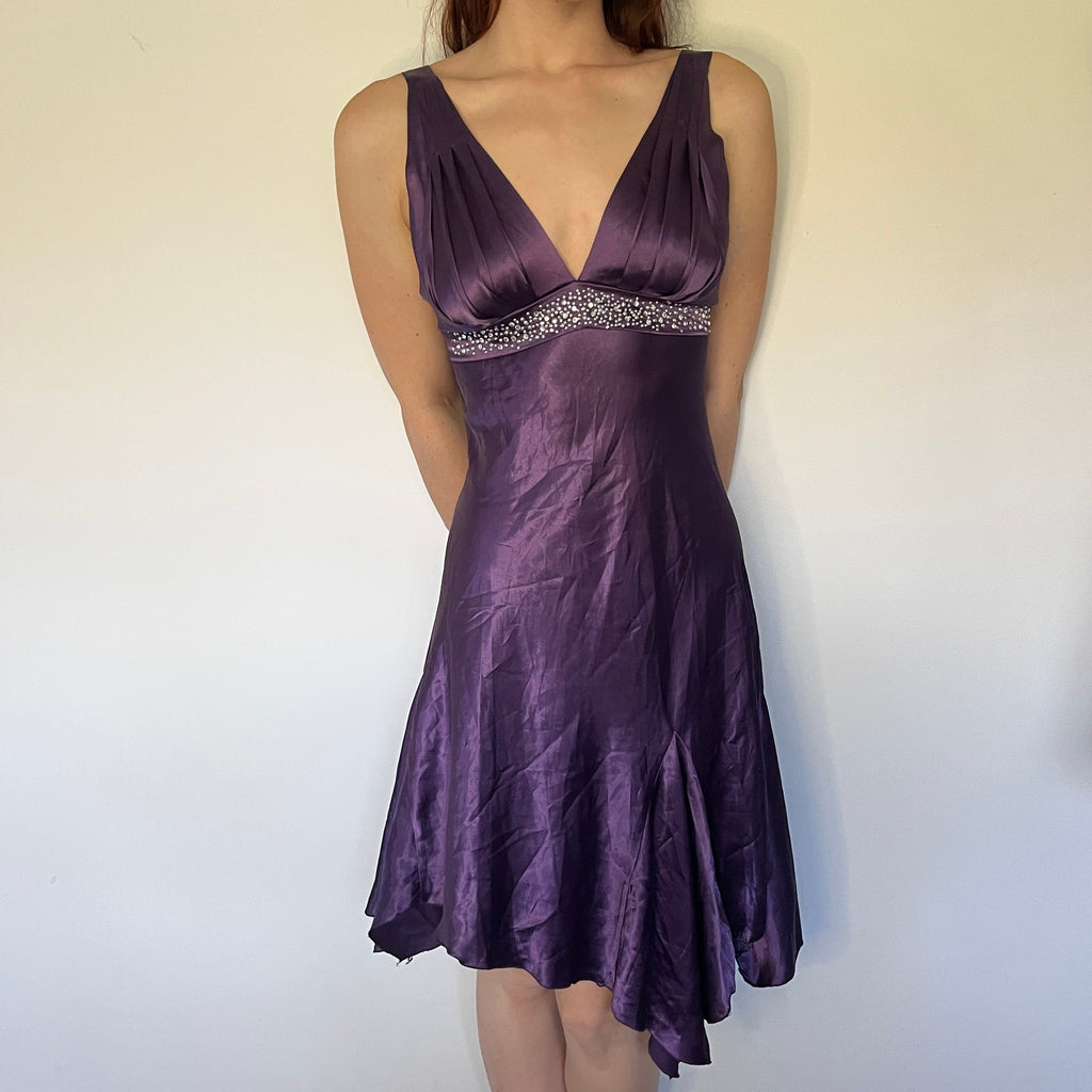 satin purple asymmetrical midi dress