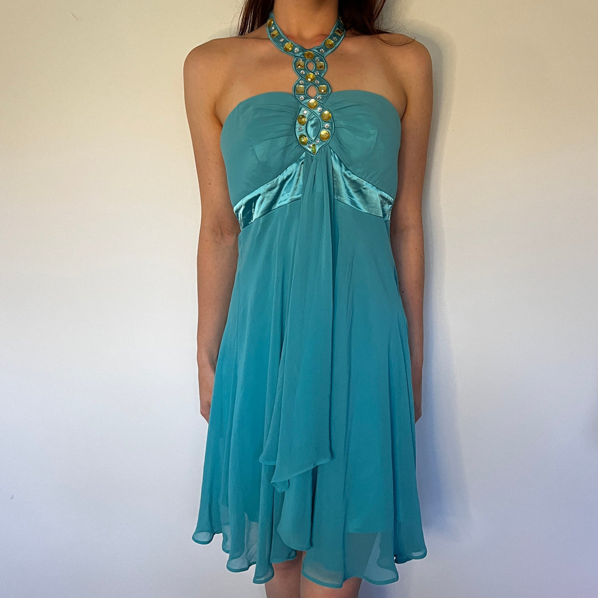 teal blue beaded mini dress