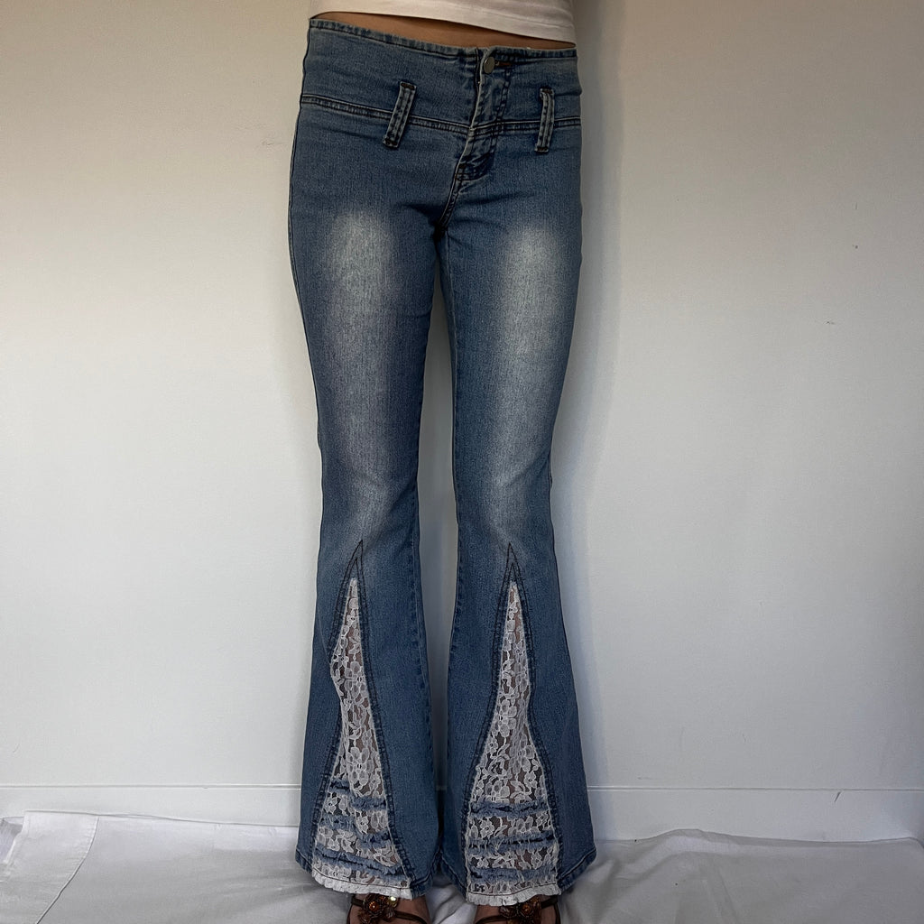low rise flared lace detail jeans
