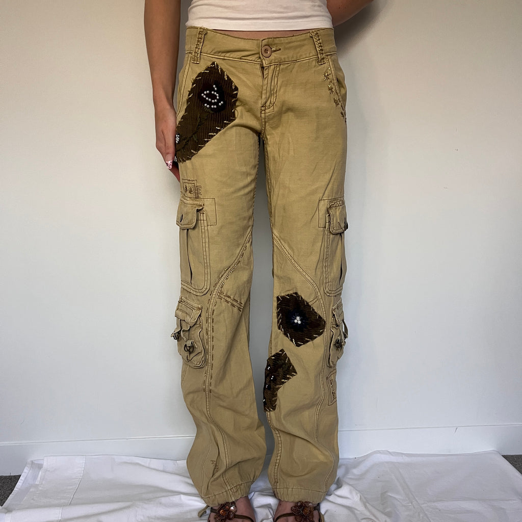 tan embroidered wide leg cargo pants