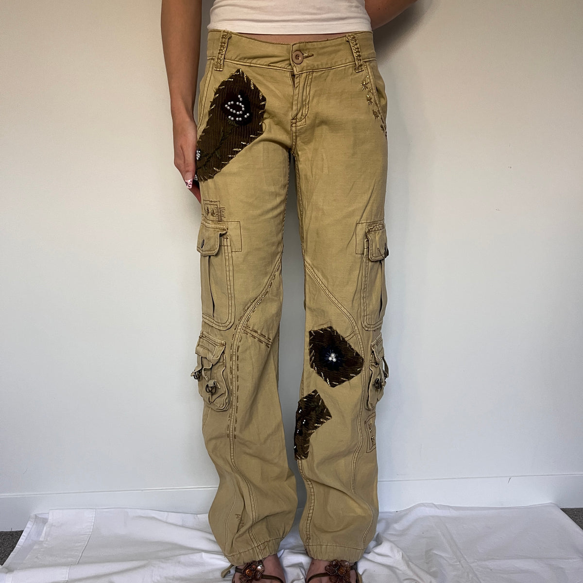 tan embroidered wide leg cargo pants