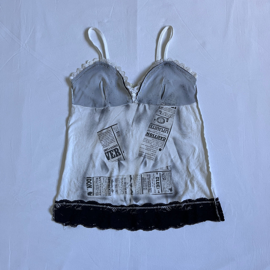 newspaper print lace trim cami