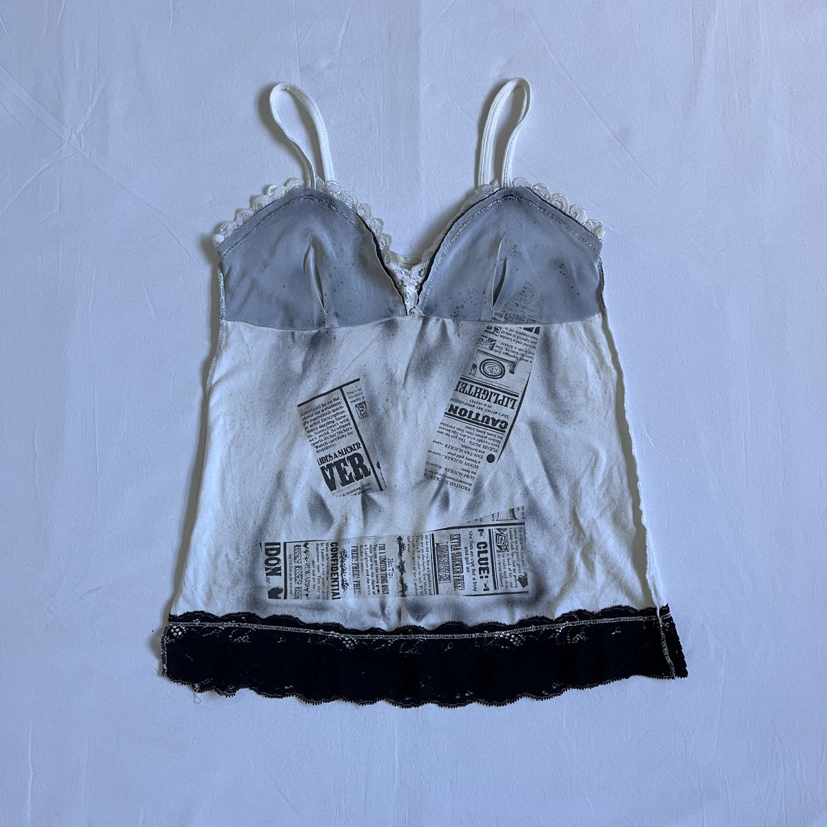 newspaper print lace trim cami