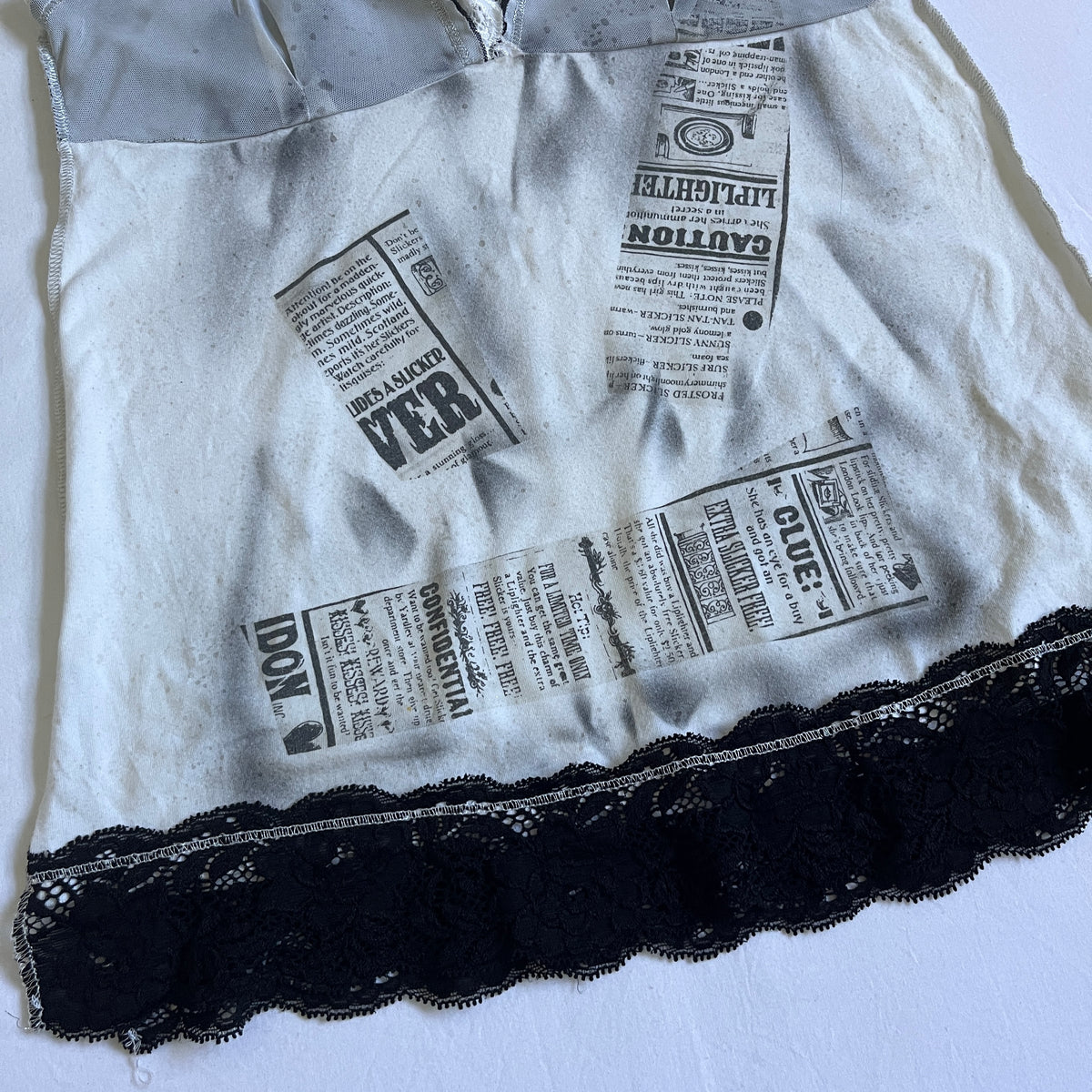 newspaper print lace trim cami
