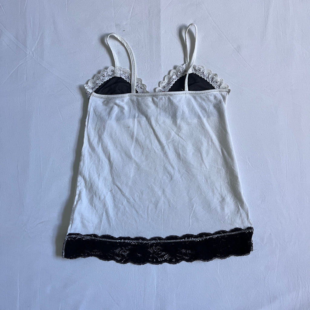 newspaper print lace trim cami