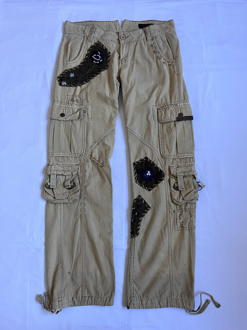 tan embroidered wide leg cargo pants