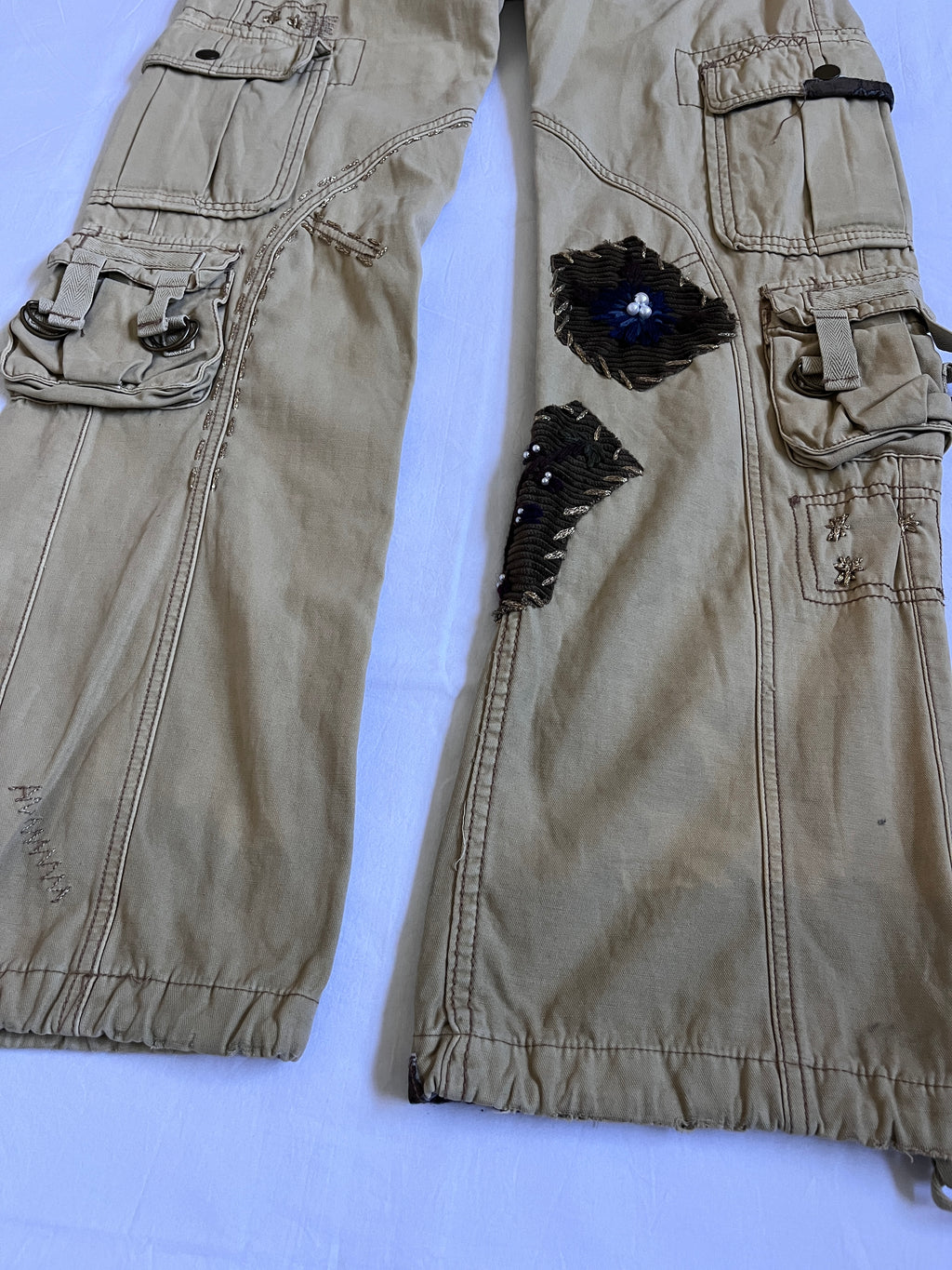 tan embroidered wide leg cargo pants