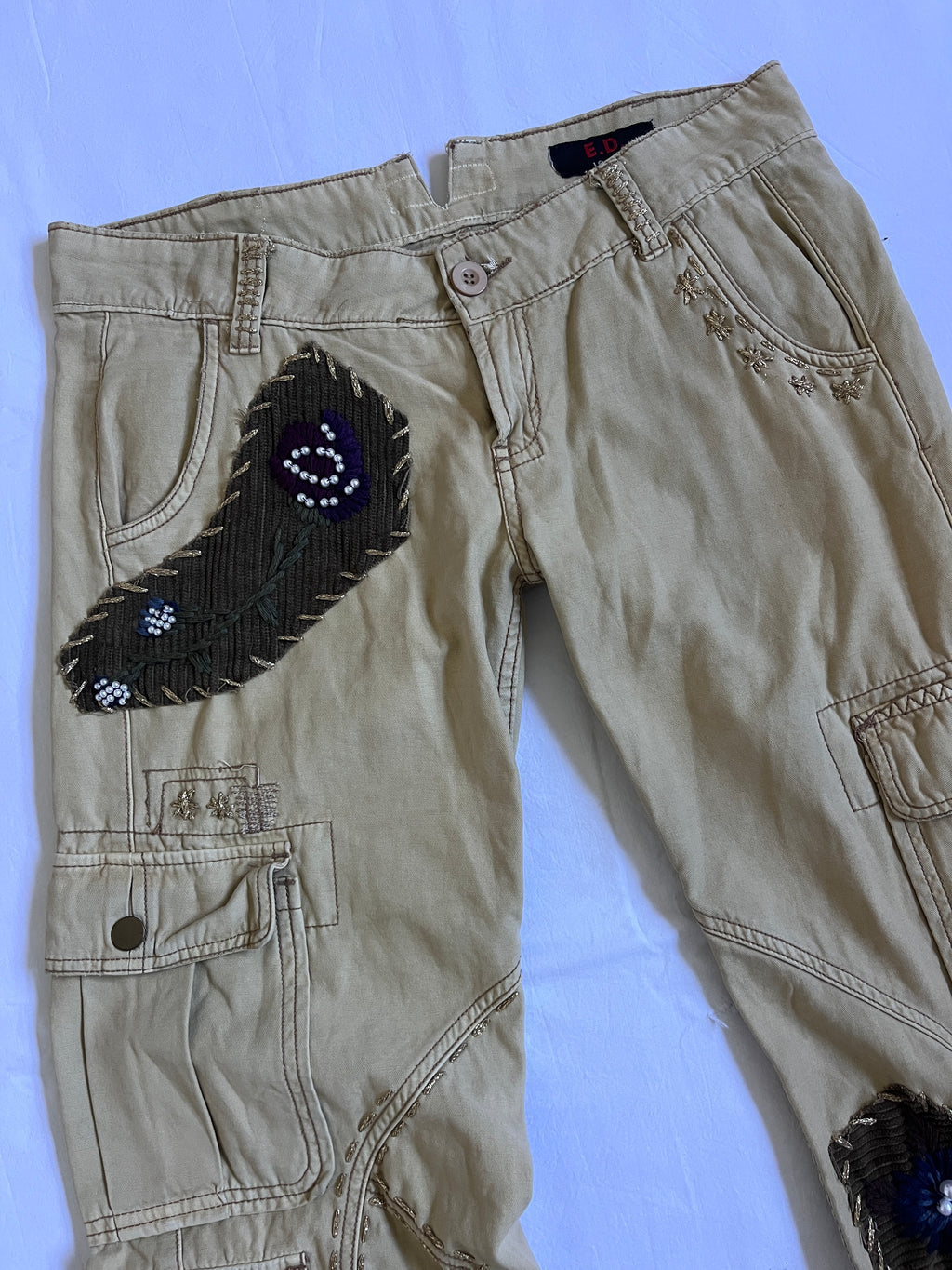 tan embroidered wide leg cargo pants