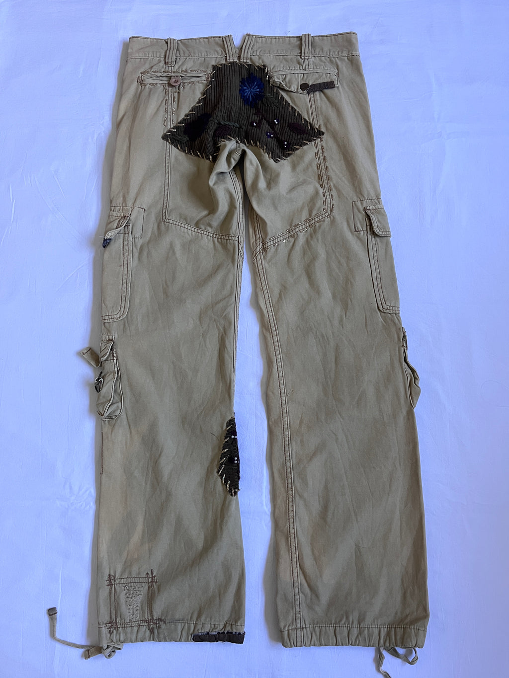 tan embroidered wide leg cargo pants