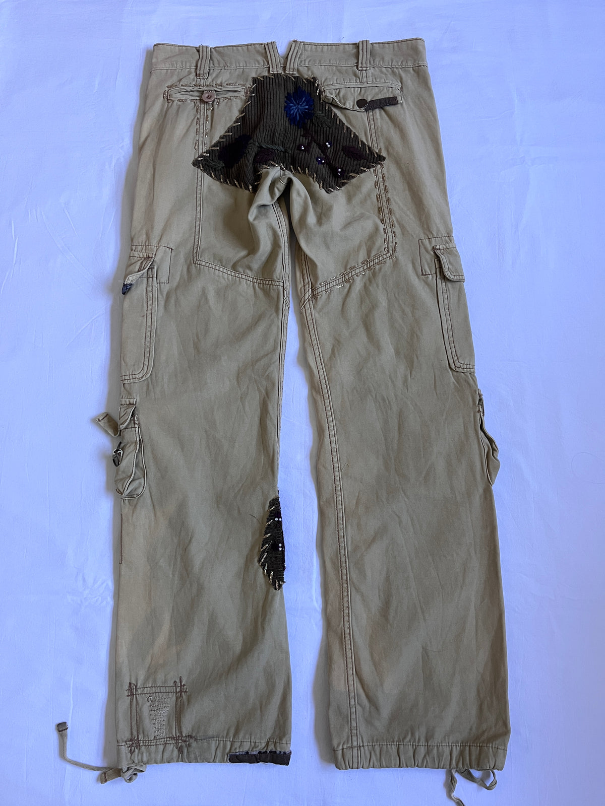 tan embroidered wide leg cargo pants