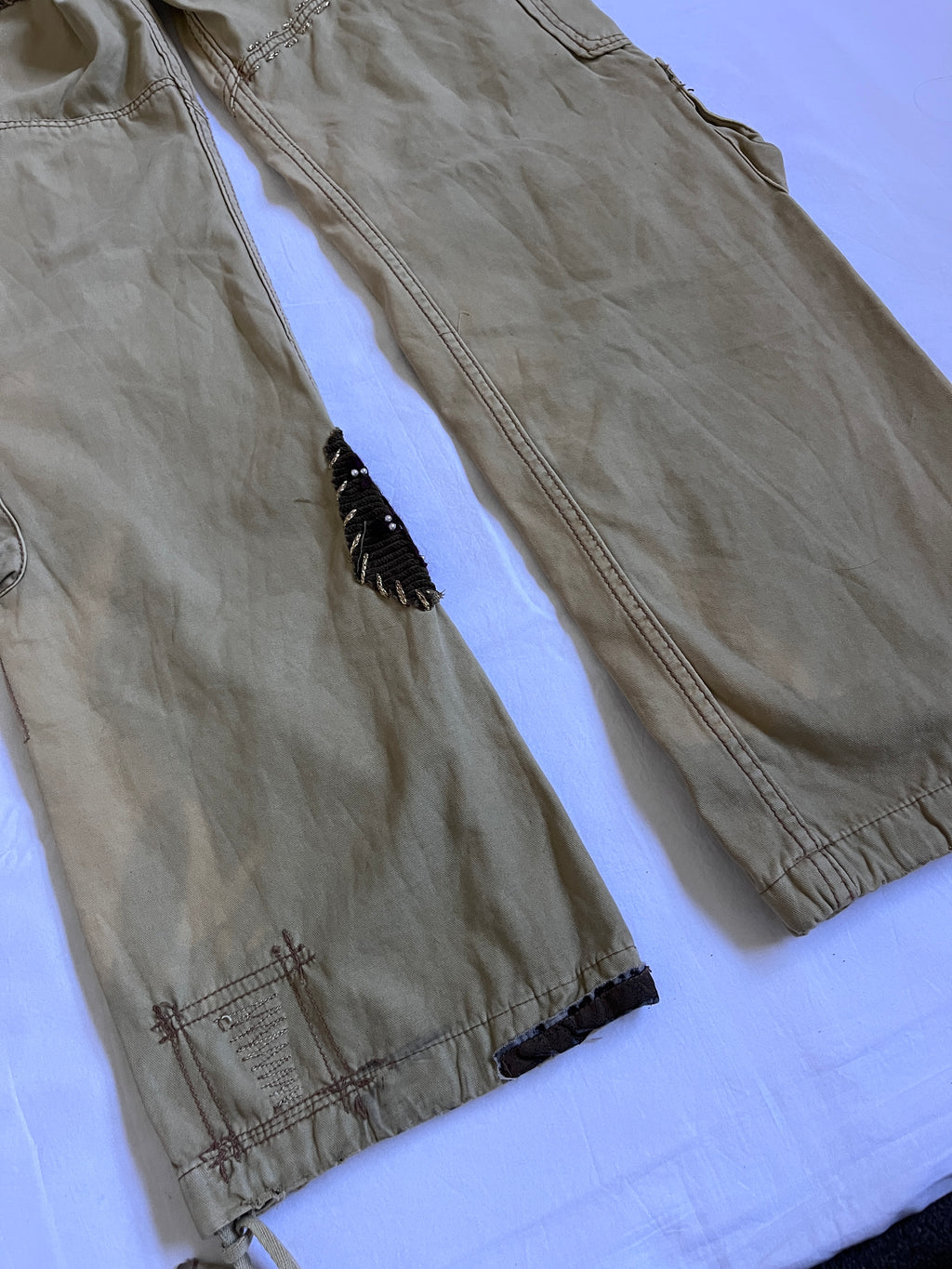 tan embroidered wide leg cargo pants