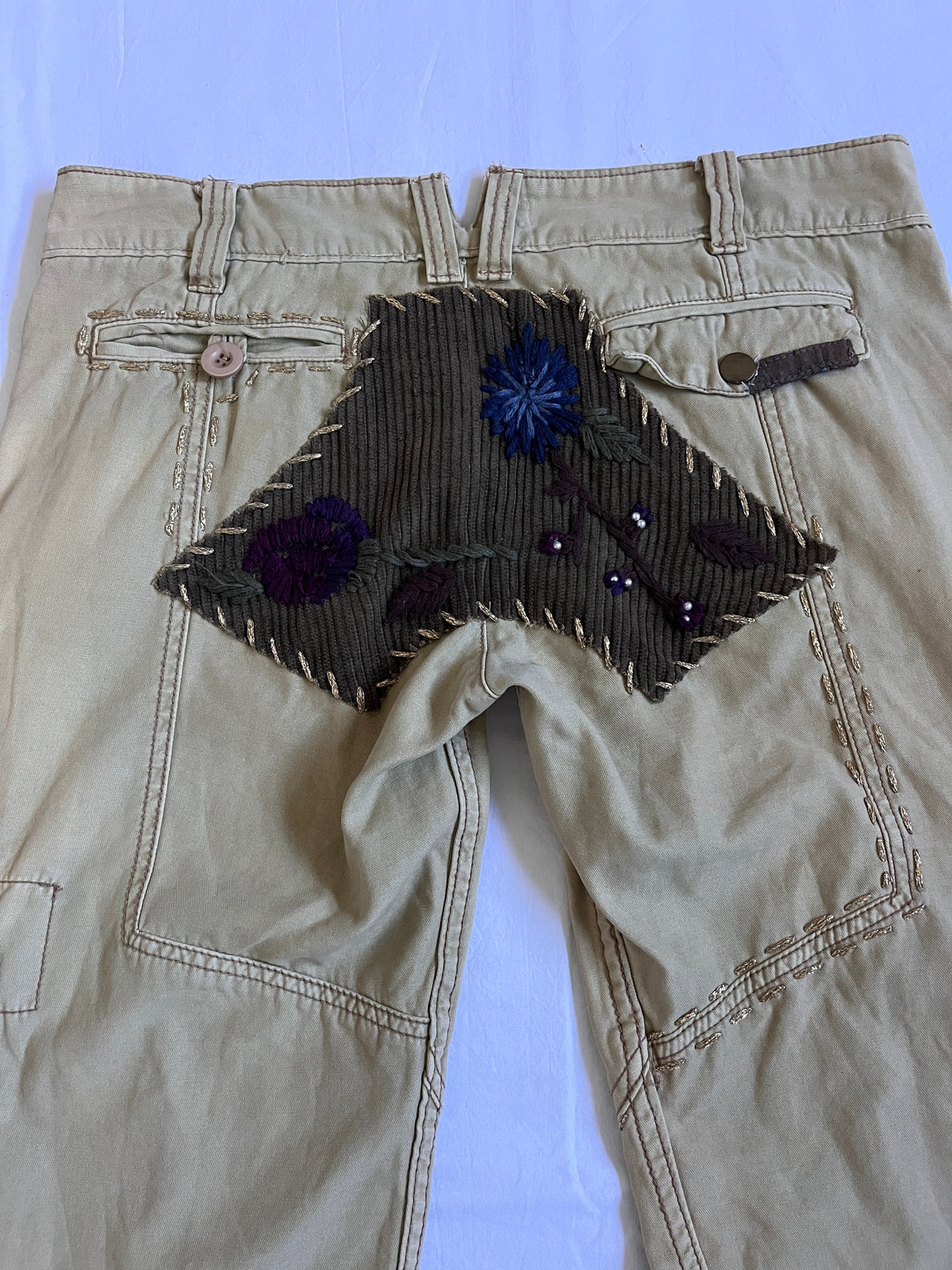 tan embroidered wide leg cargo pants