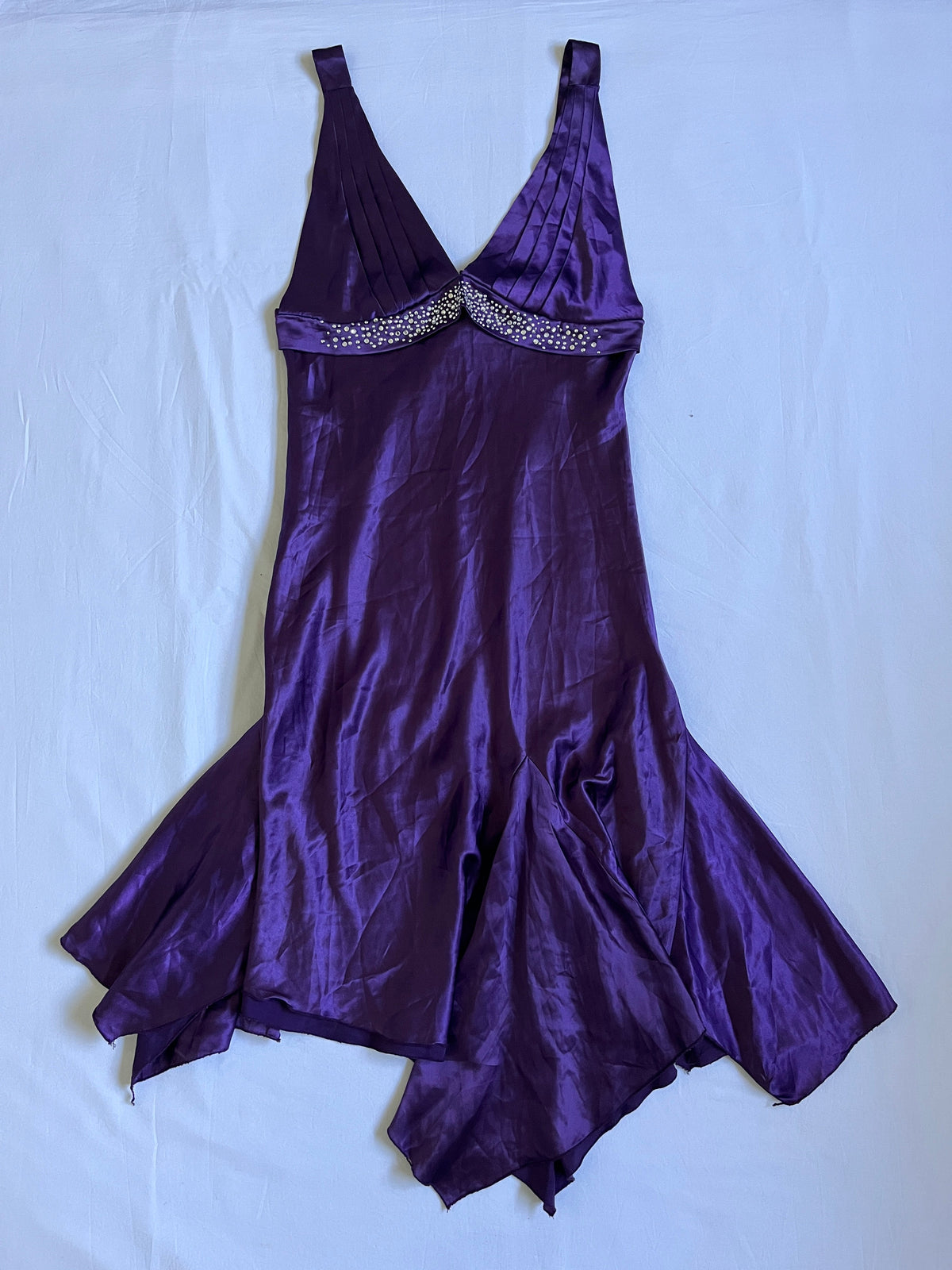 satin purple asymmetrical midi dress