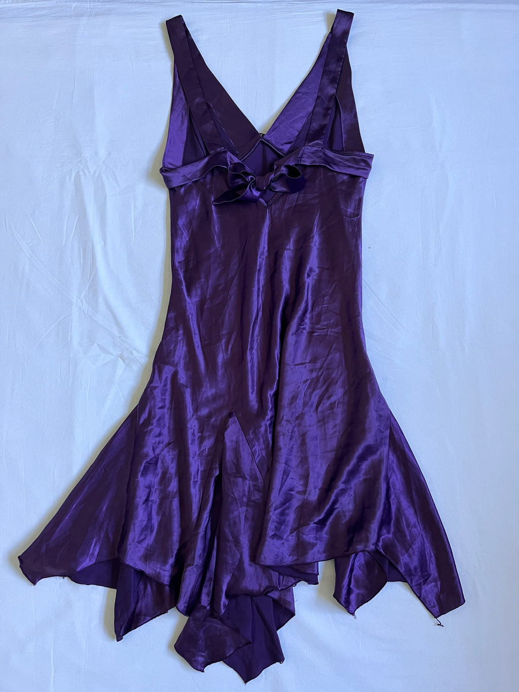 satin purple asymmetrical midi dress