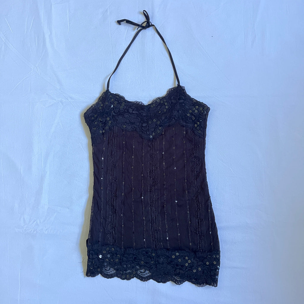 black sequinned halter top
