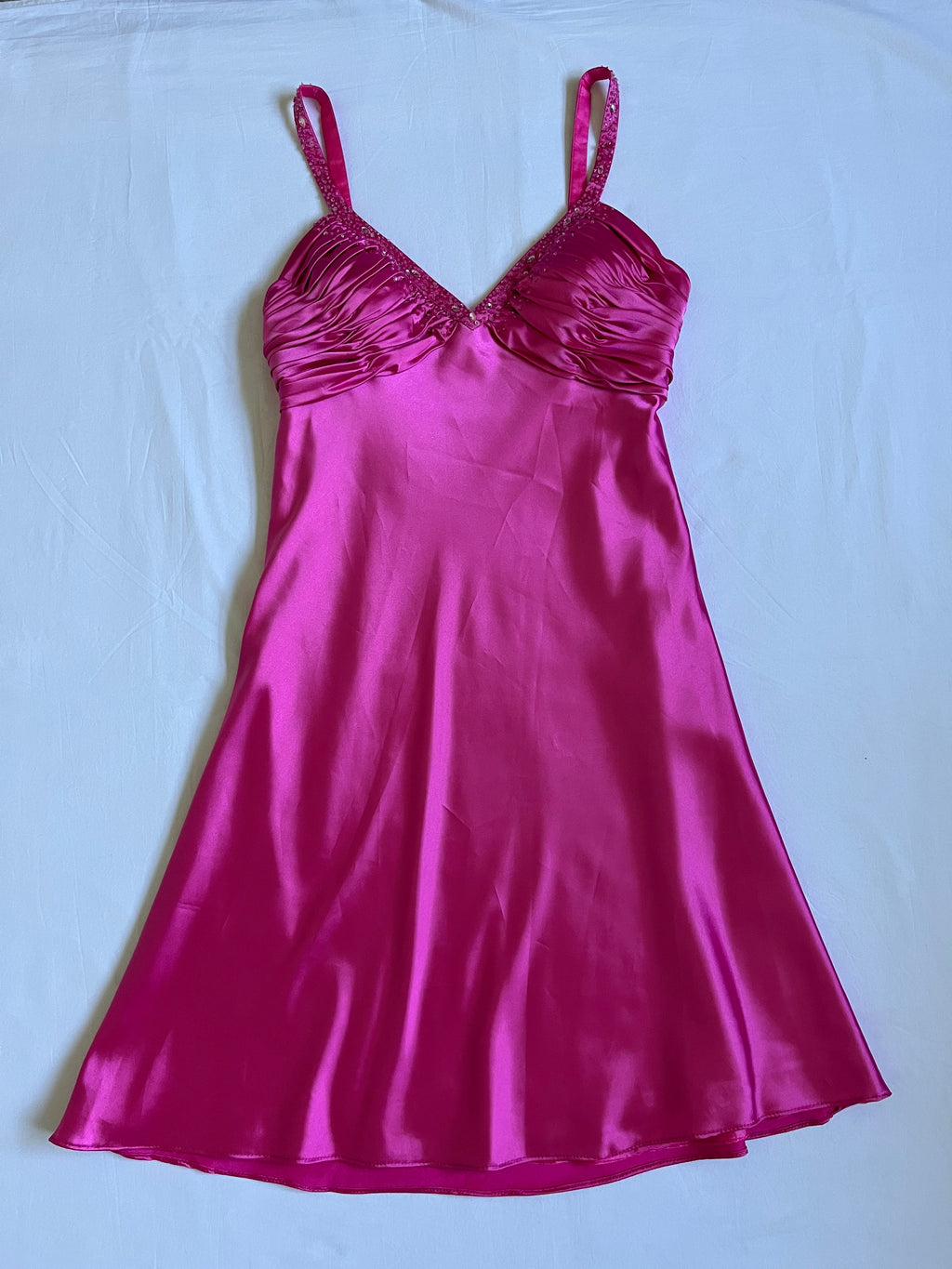 hot pink satin beaded mini dress