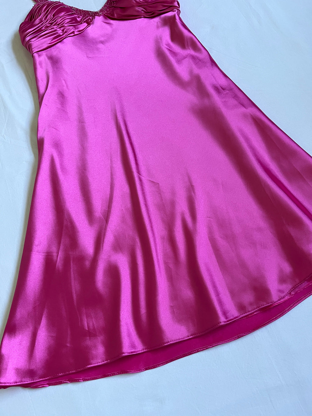 hot pink satin beaded mini dress