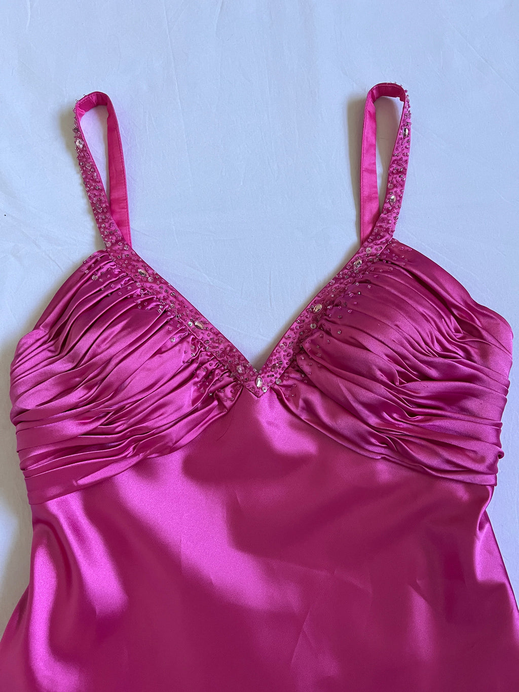 hot pink satin beaded mini dress