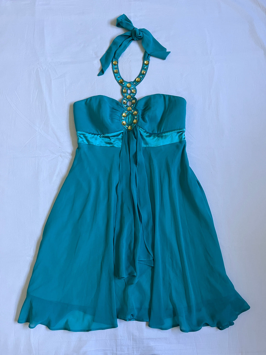 teal blue beaded mini dress