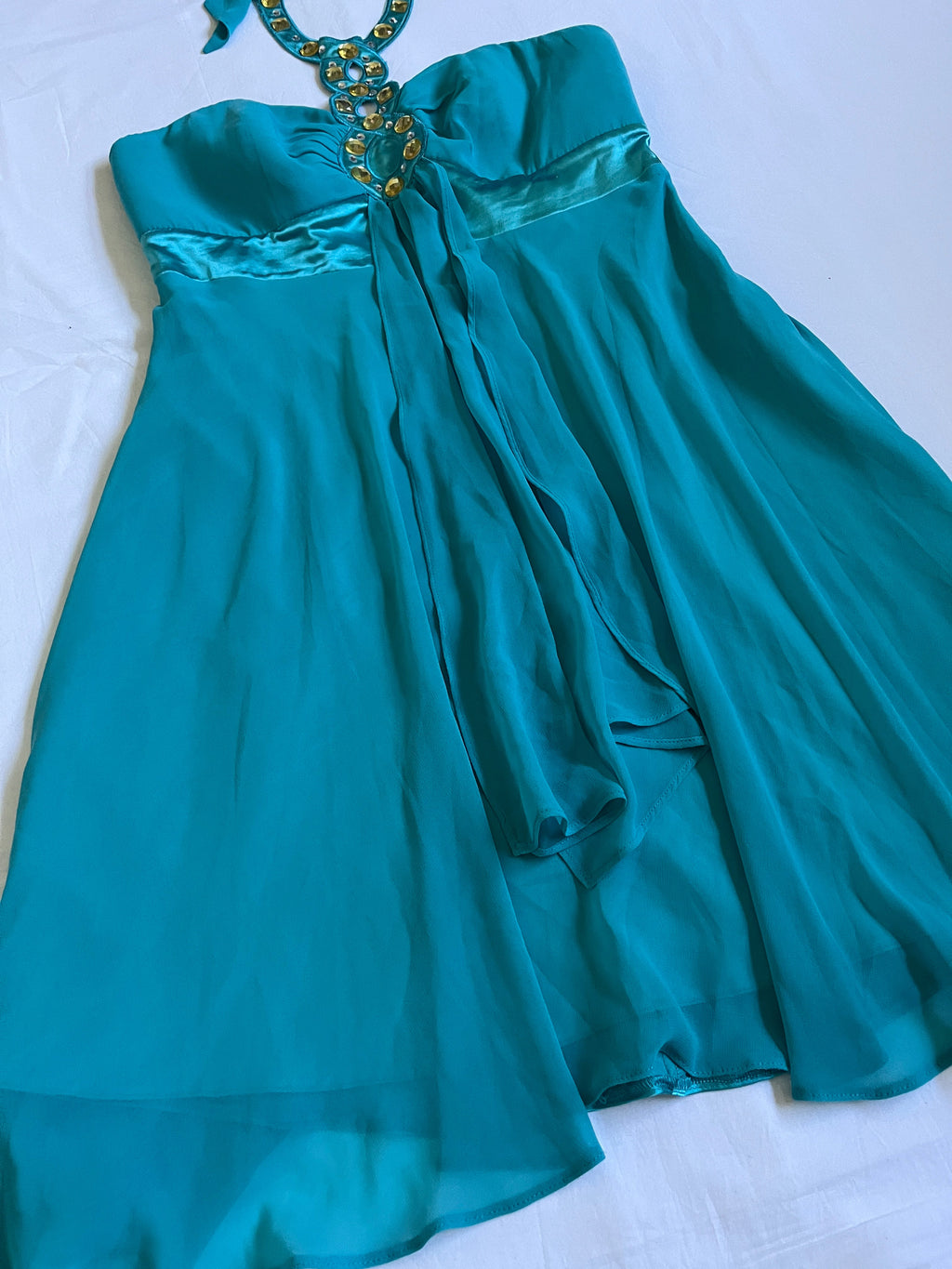teal blue beaded mini dress