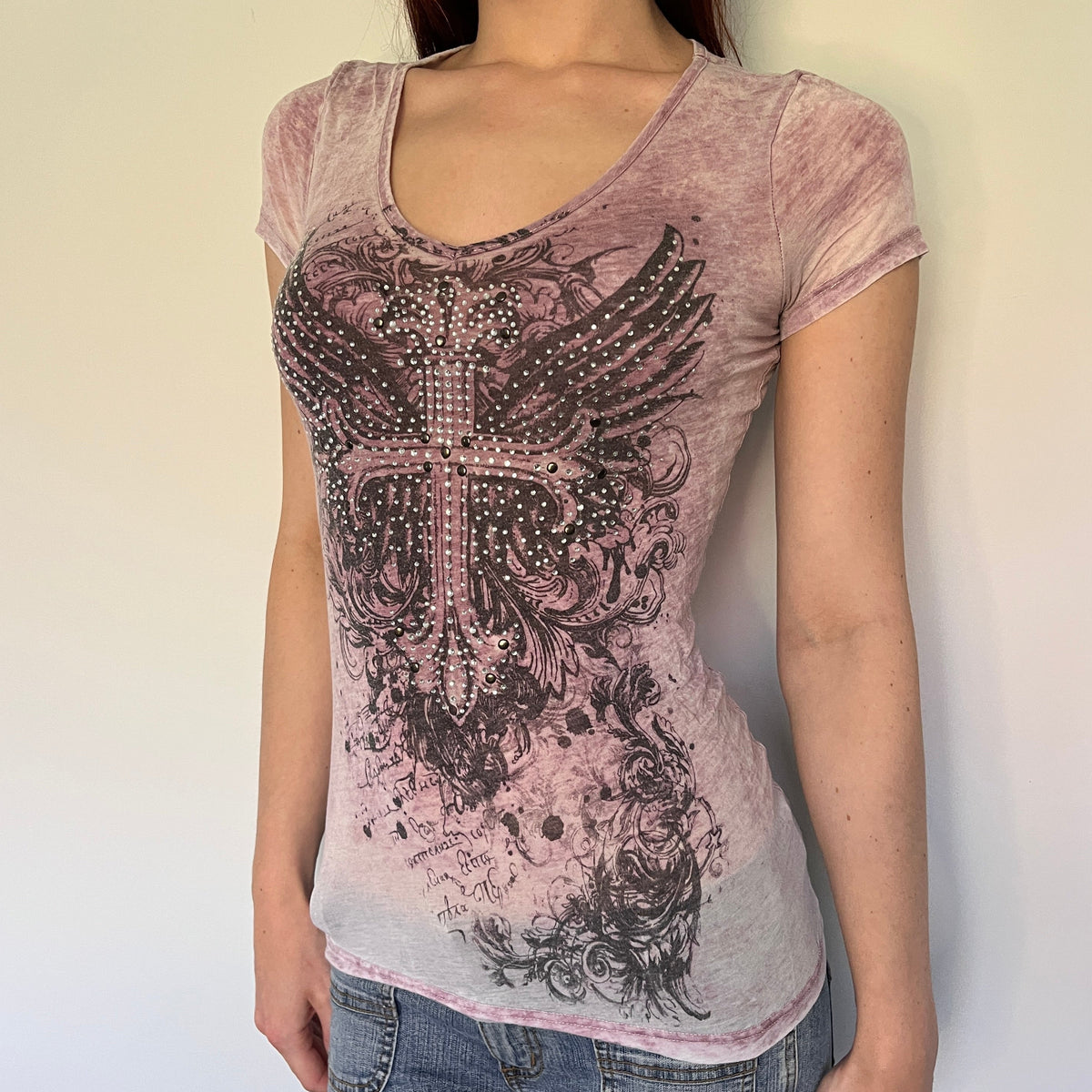 grunge cross & wings rhinestone top
