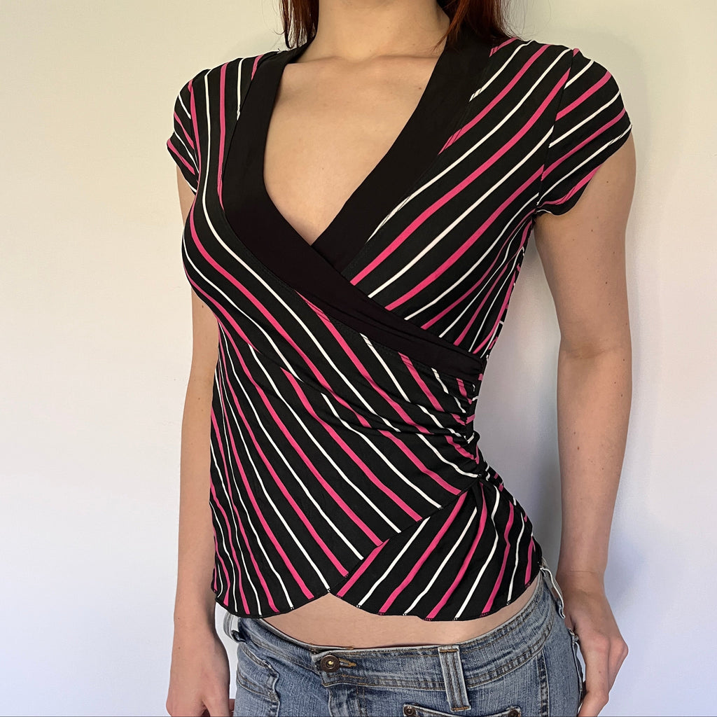 pink & black striped wrap top