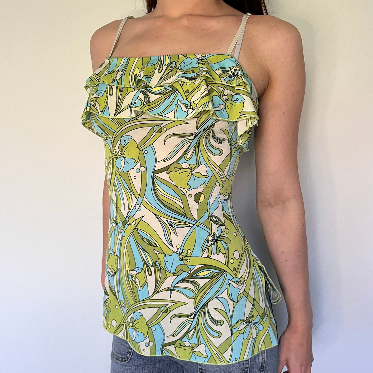 green and blue floral ruffled cami
