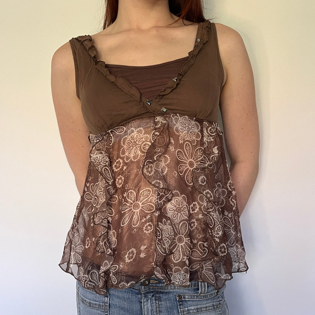 brown babydoll tie back top
