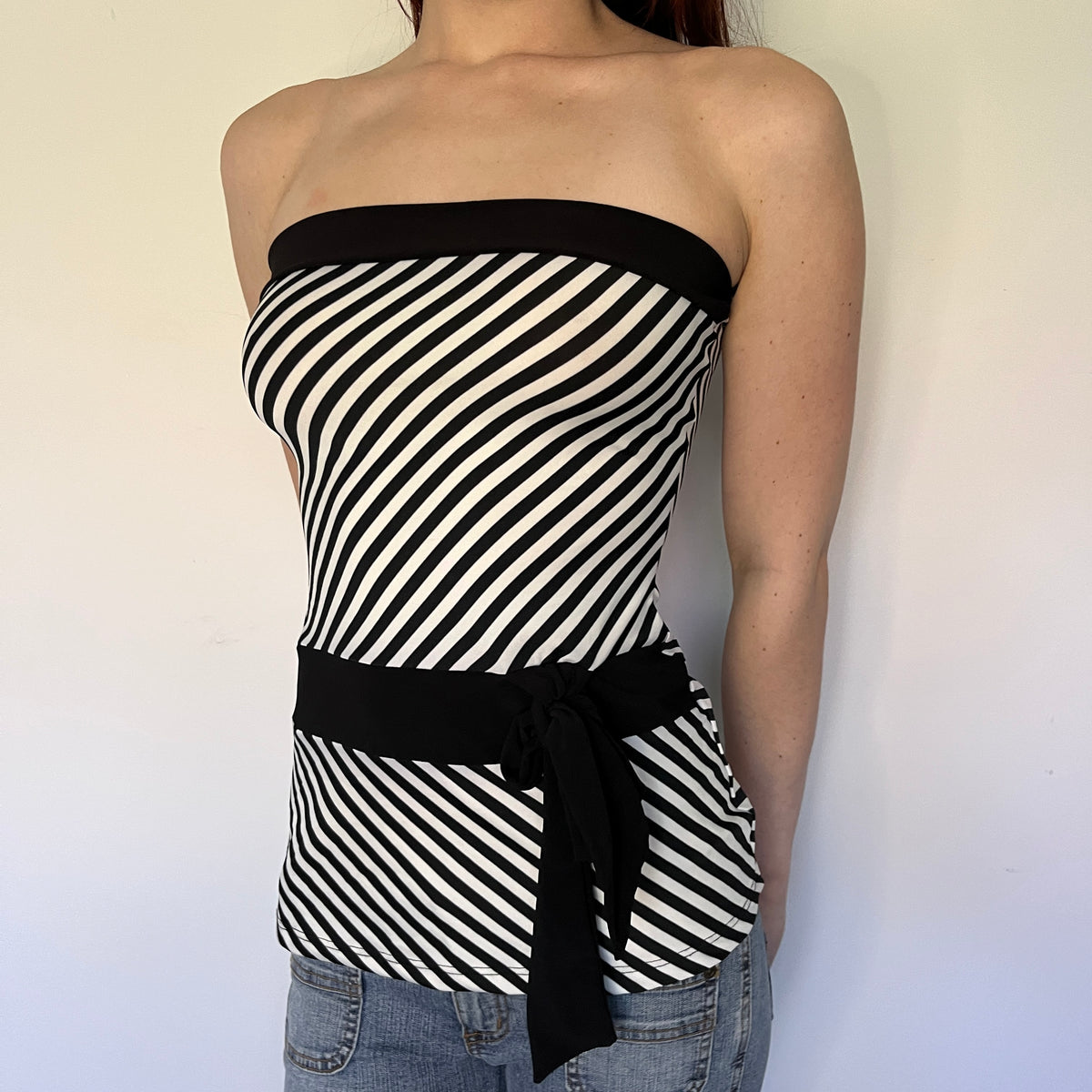 black & white strapless top