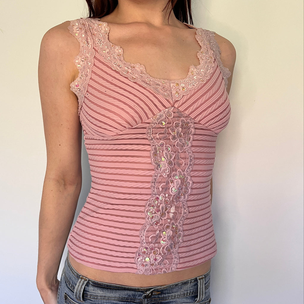 pink striped lace trim top w/ sequins