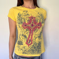 grungy yellow cross baby tee