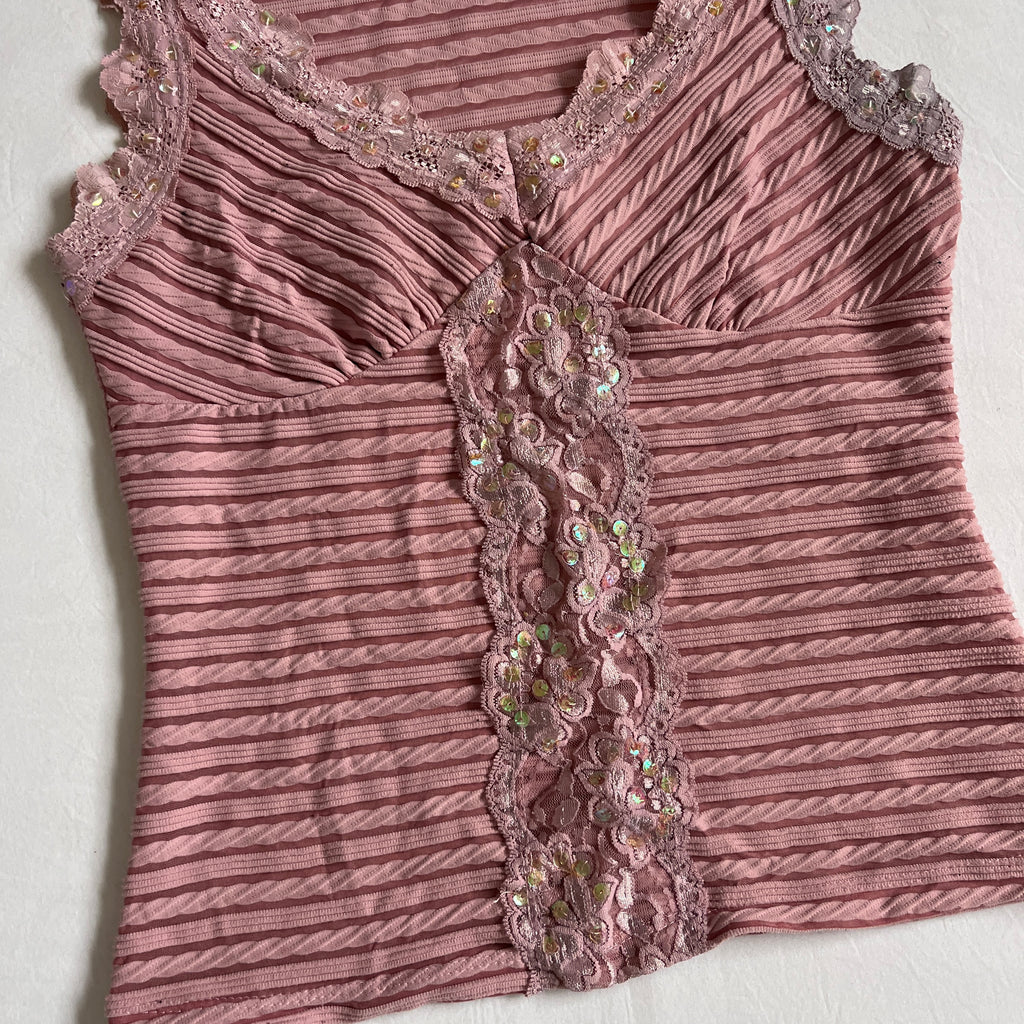 pink striped lace trim top w/ sequins