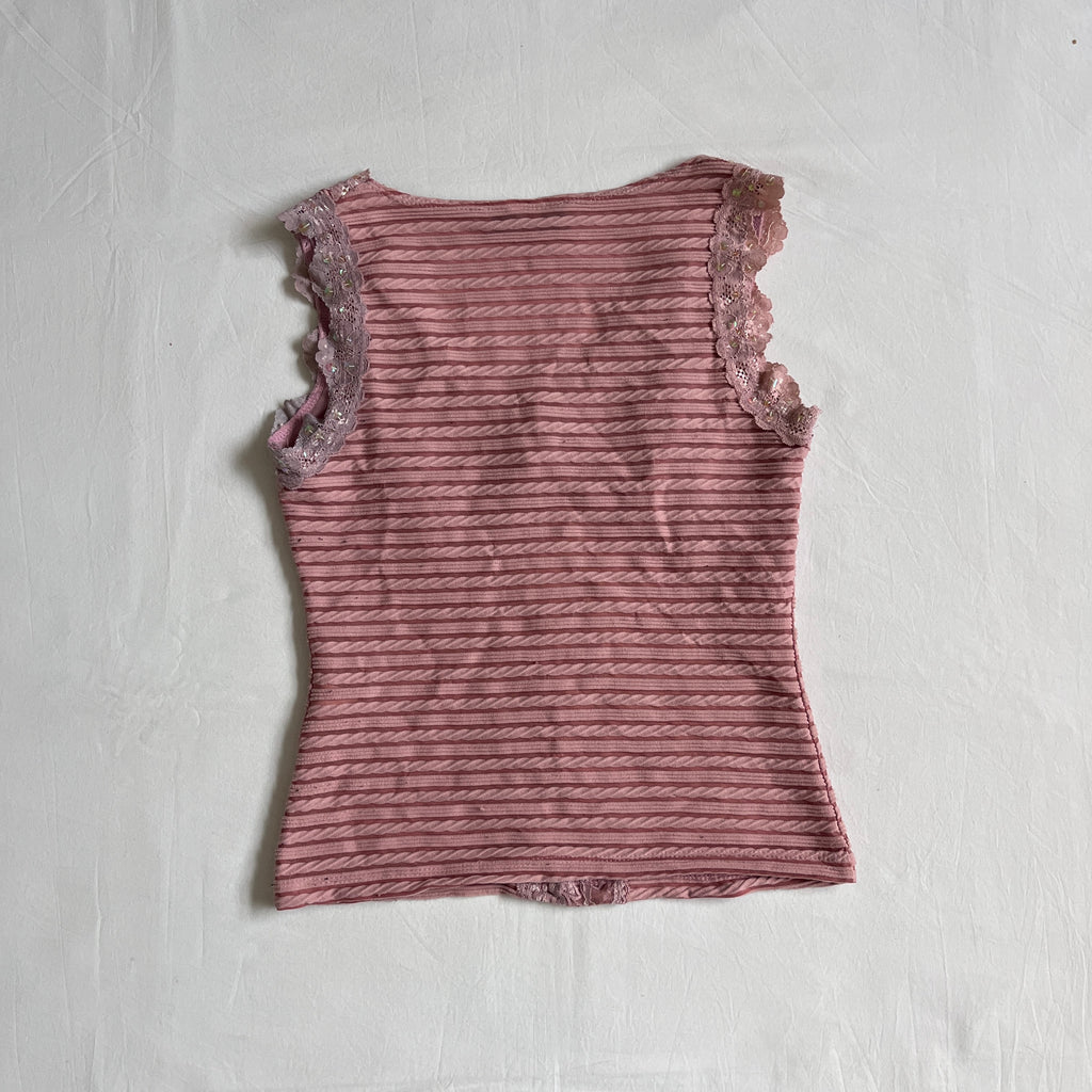 pink striped lace trim top w/ sequins