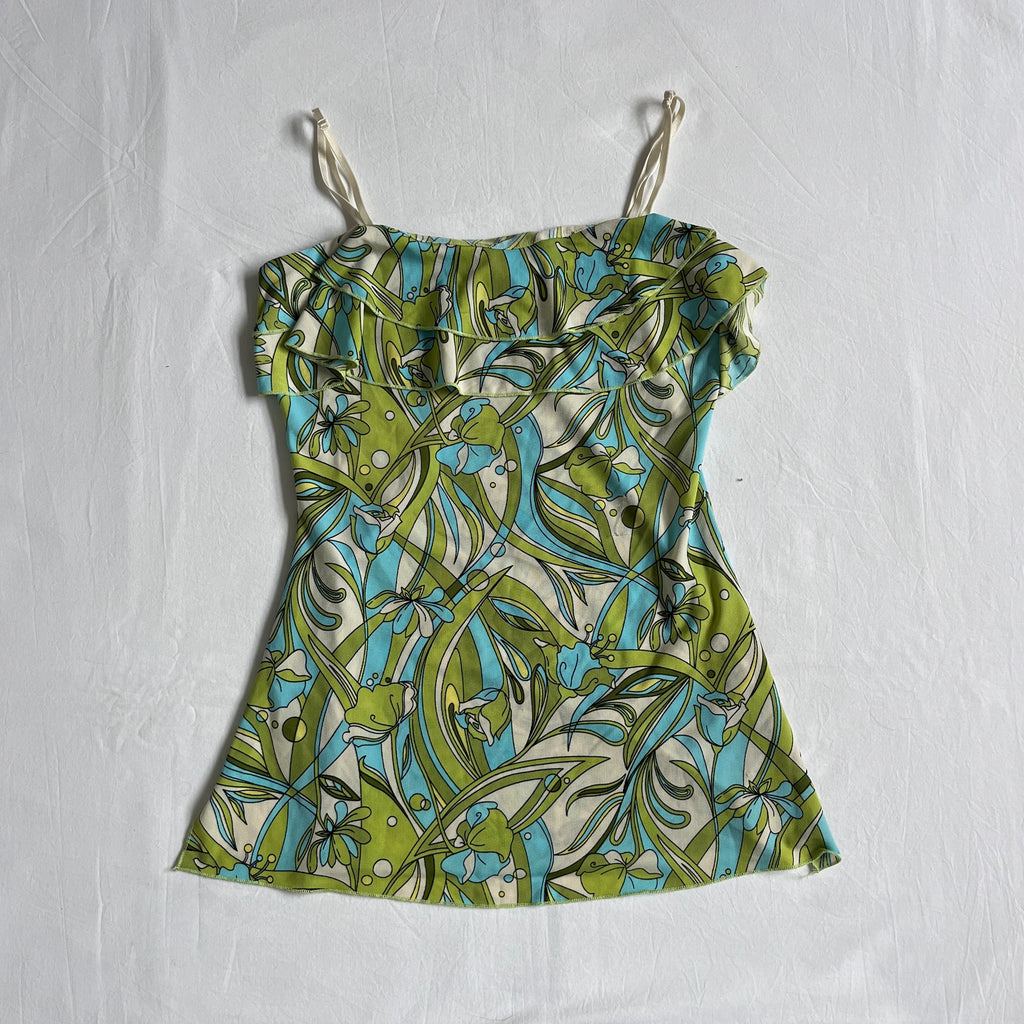 green and blue floral ruffled cami