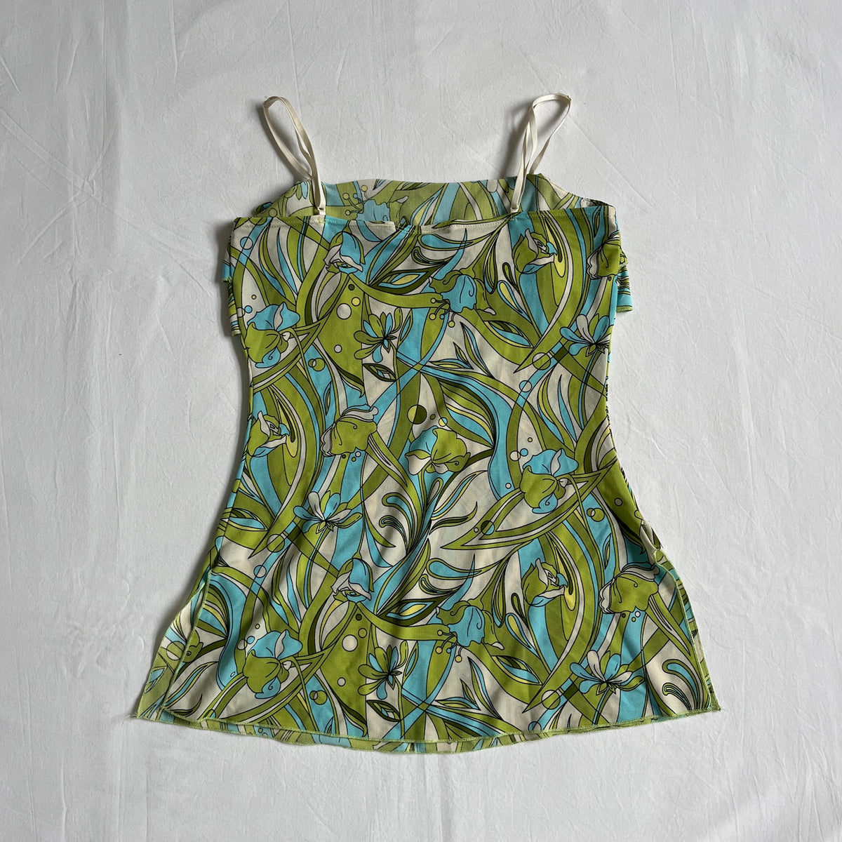 green and blue floral ruffled cami