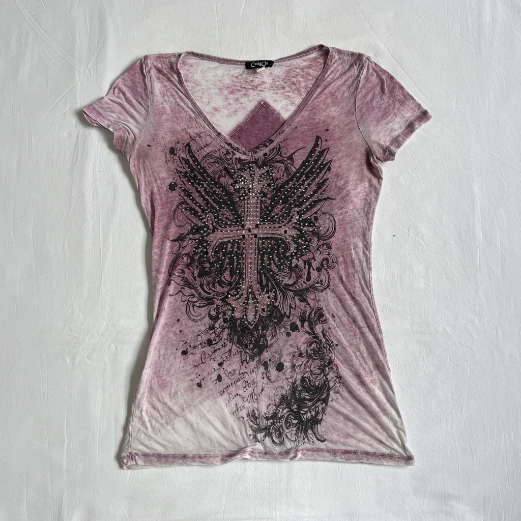 grunge cross & wings rhinestone top
