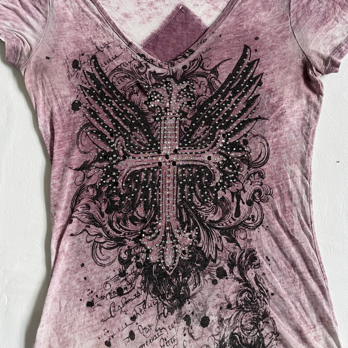 grunge cross & wings rhinestone top