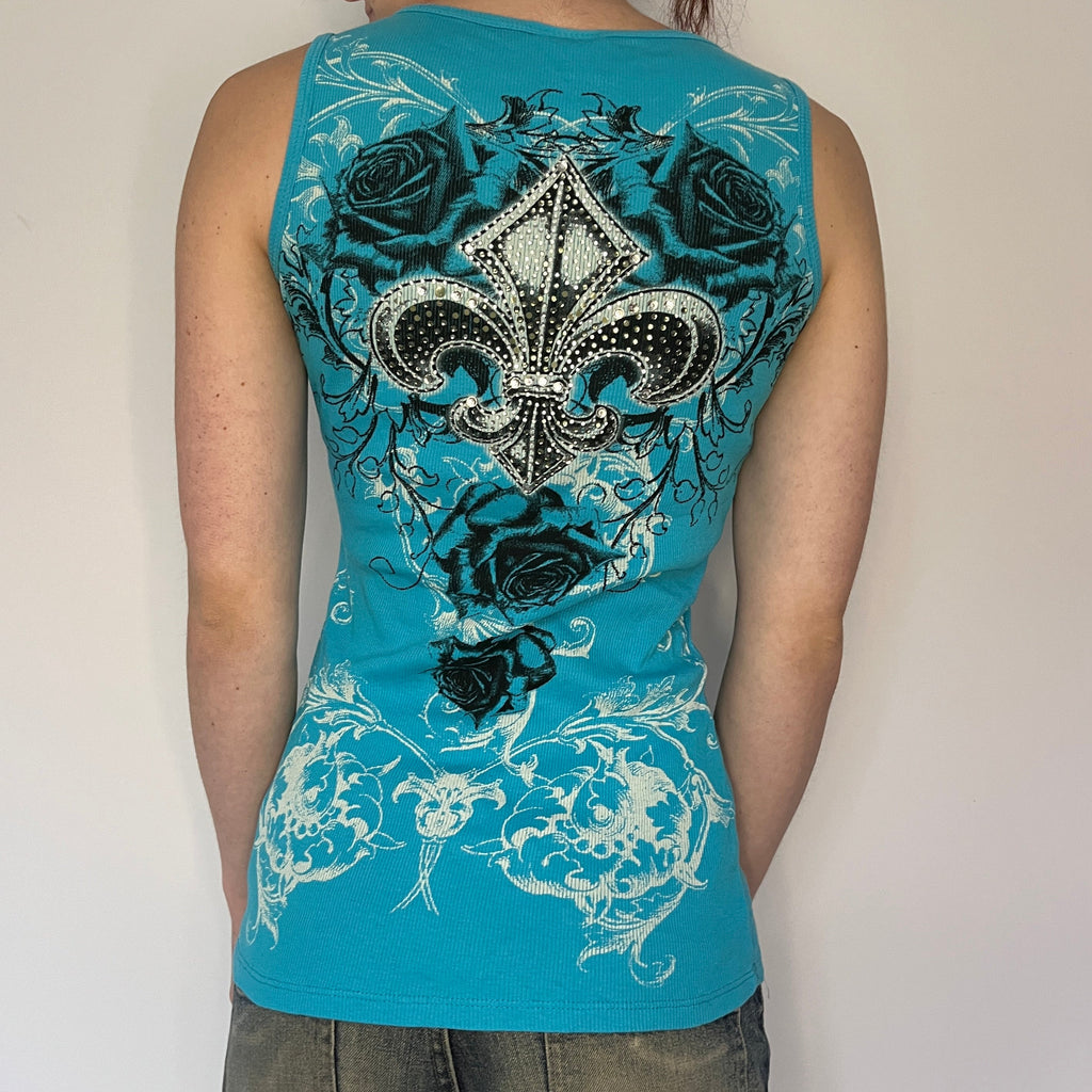 blue fleur de lis rhinestone tank top