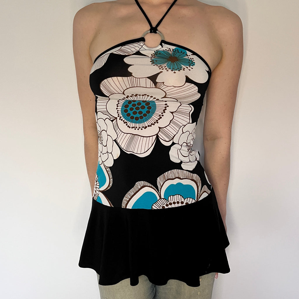 black & blue floral long halter top