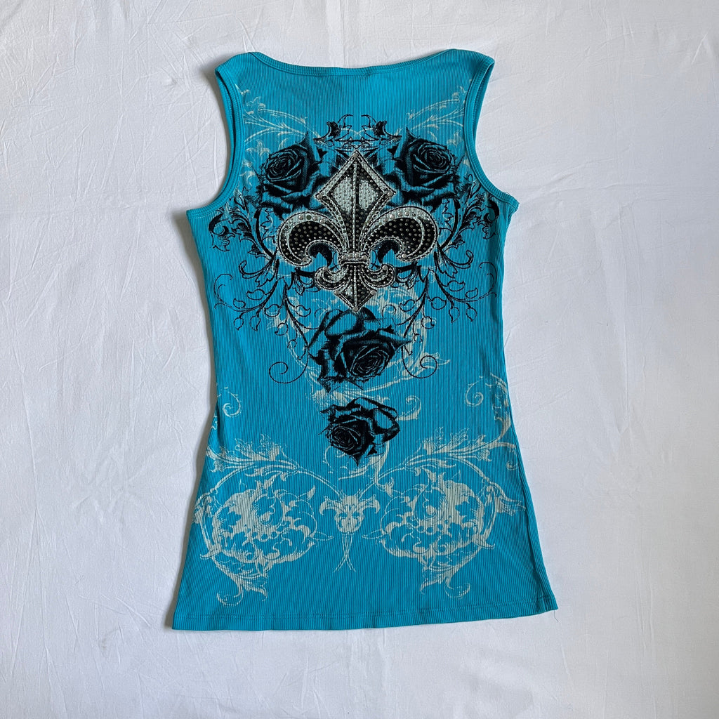 blue fleur de lis rhinestone tank top