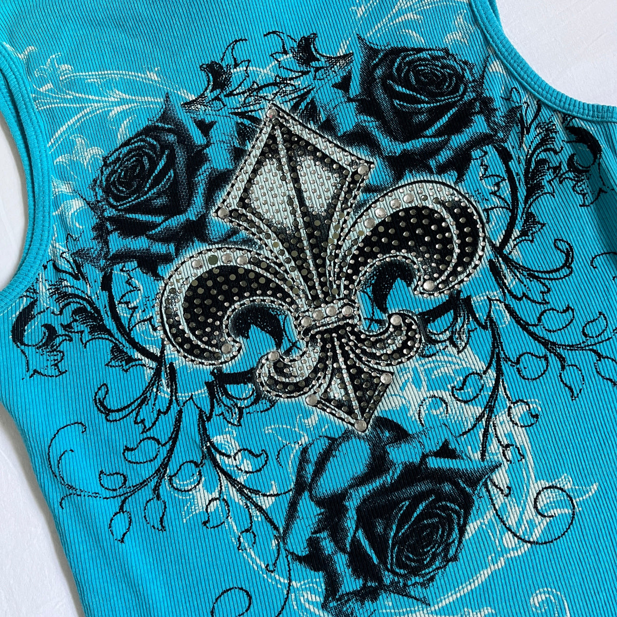 blue fleur de lis rhinestone tank top